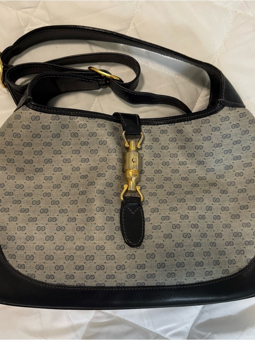 Gucci Signature Canvas and Navy Leather Shoulder Bag